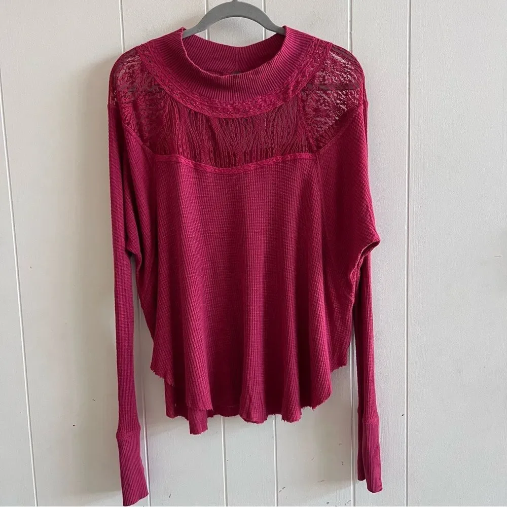 Free People Waffle Knit Thermal Top With Lace Trim